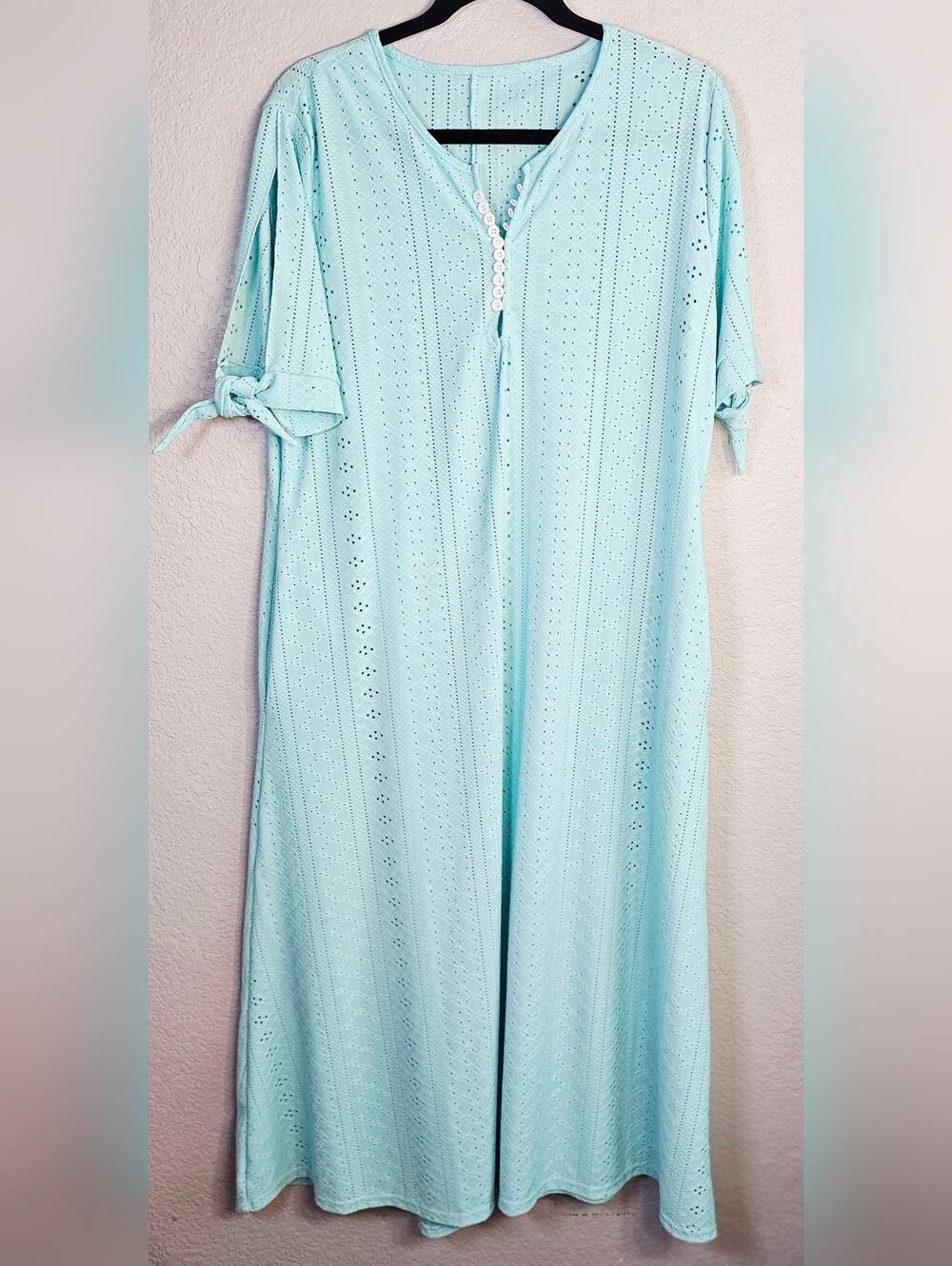 Plus Size Aqua Maxi Dress 2XL Eyelet Knit Pockets Tie Sleeve No Brand